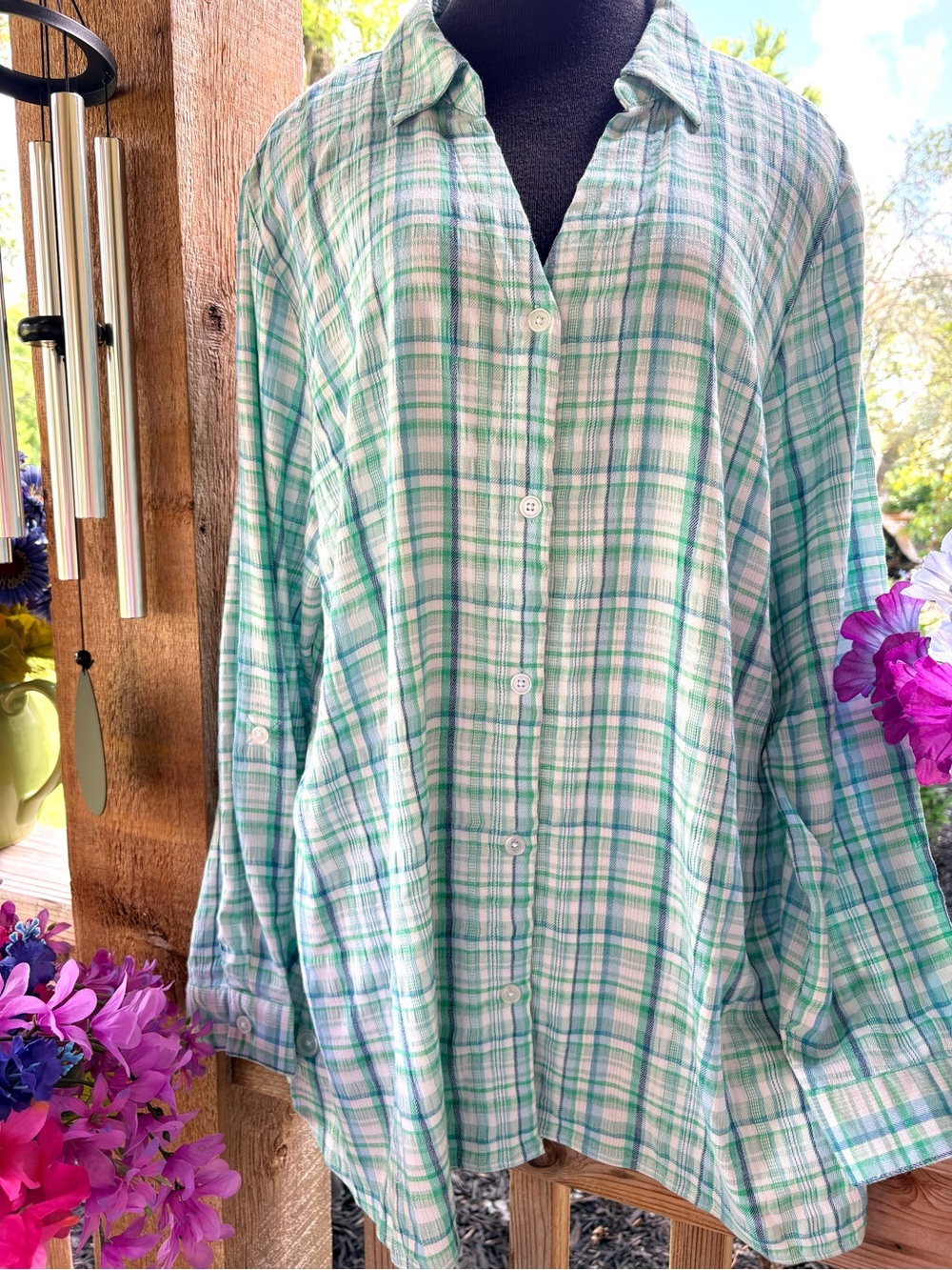 Joan Rivers Aqua Plaid Soft Puckered Roll Tab Sleeve Option Button Front Shirt - Picture 8 of 10